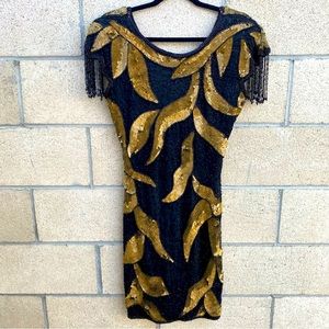 Kush, Black and Gold Sequin/ Beaded Vintage-Inspired Cocktail Dress